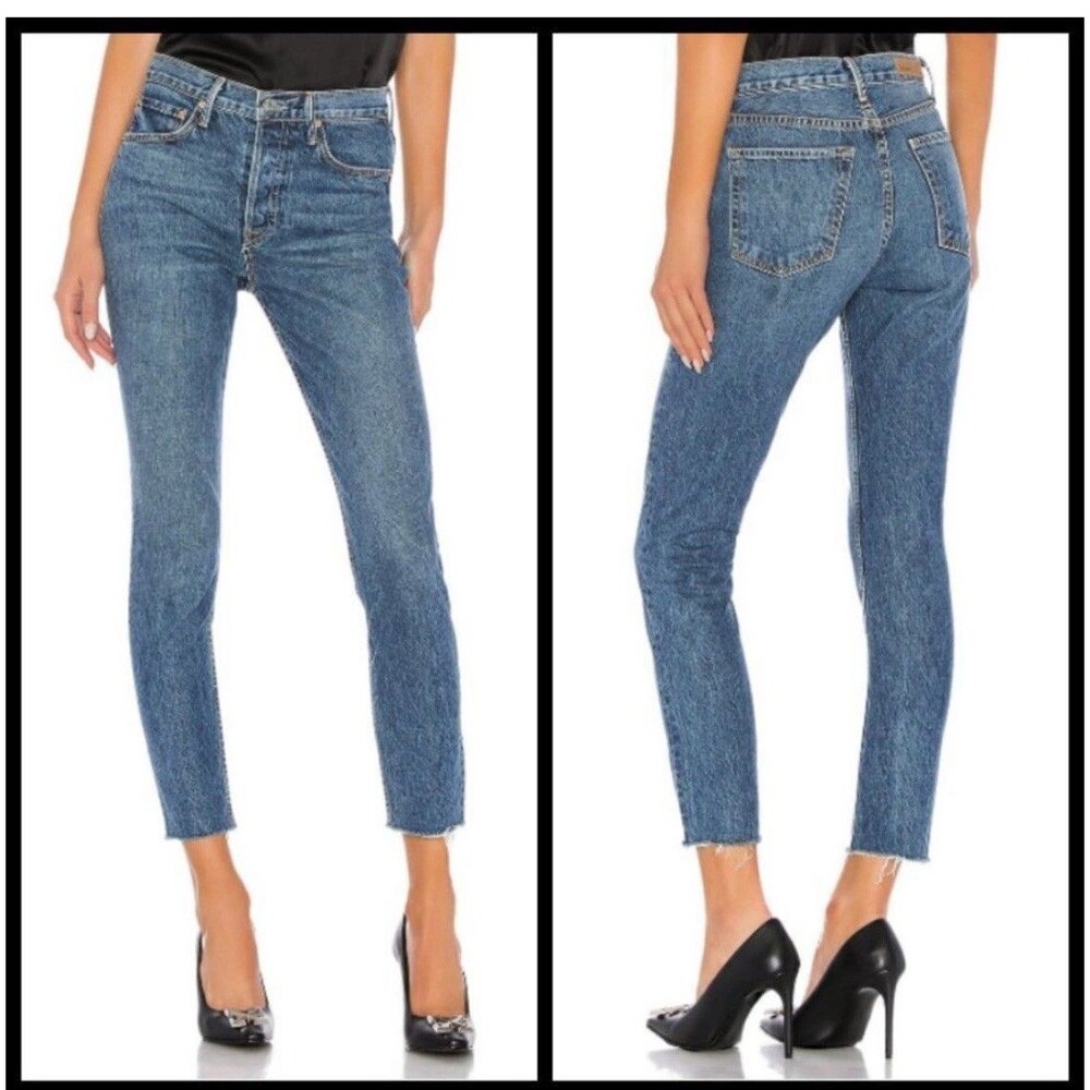 Grlfrnd Denim Blue Jeans Karolina Dark Wash Size 24 Raw Hem Forget Me Never